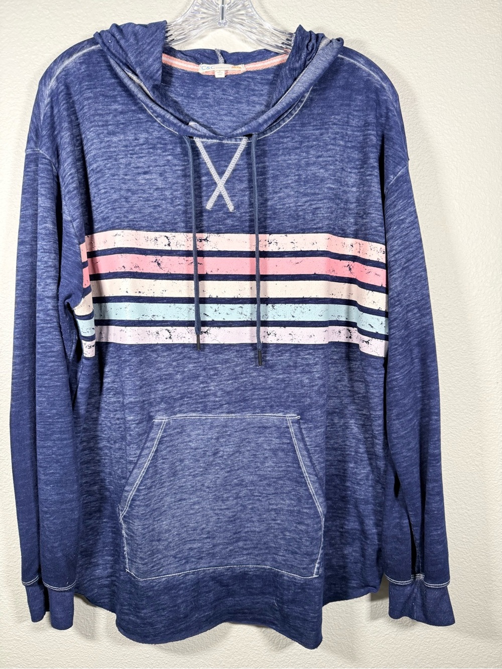 C&C California Women’s L Distressed Navy Lightweight Crewneck Hoodie